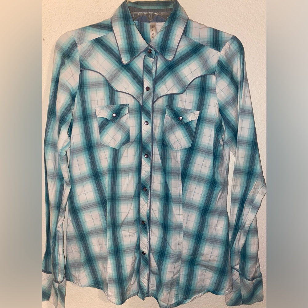 Roper Turquoise Striped Button Down, Yoked Pearl Snap Ladies Shirt,Size Medium